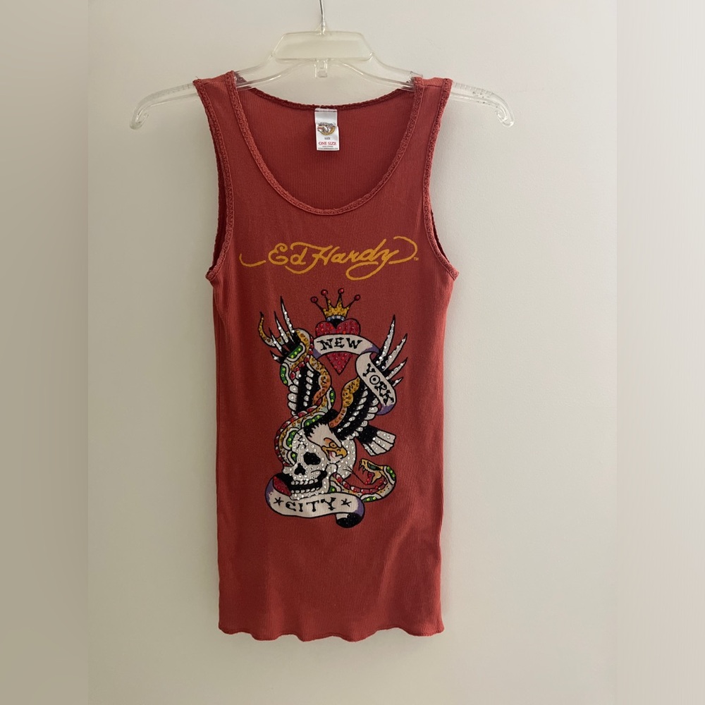 Ed Hardy Graphic skull snake wings bedazzled Tattoo Tank Top New York City Y2K